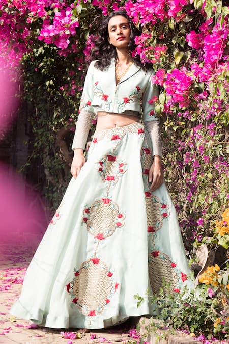 Buy_Incheetape_Blue Silk, Organza Floral Motifs Lapel Collar Embroidered Jacket And Lehenga Set _Online_at_Aza_Fashions
