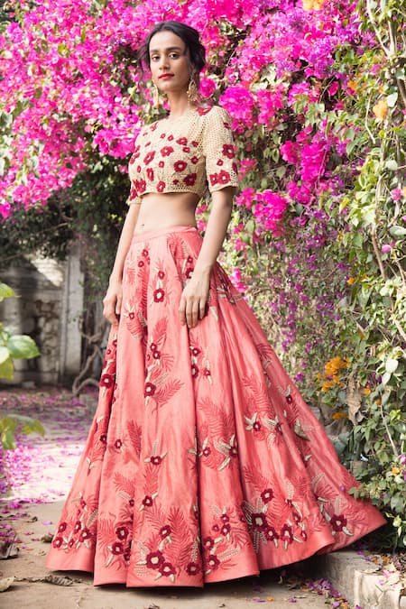 Incheetape Floral Embroidered Blouse & Lehenga Set 