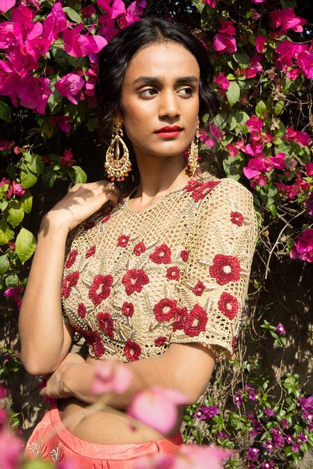 Buy_Incheetape_Red Net, Silk Tissue Floral Motifs Round Embroidered Blouse And Lehenga Set _Online_at_Aza_Fashions