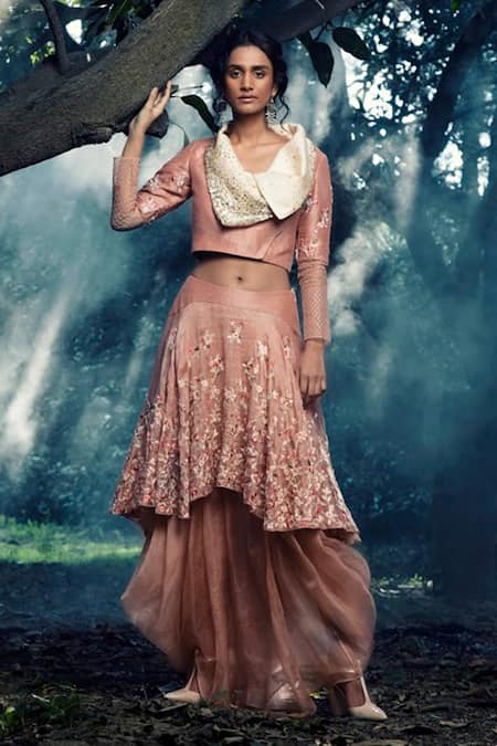 Incheetape Peach Silk Linen Embroidered Floral Motifs Collared Neck Top And Lehenga Set 