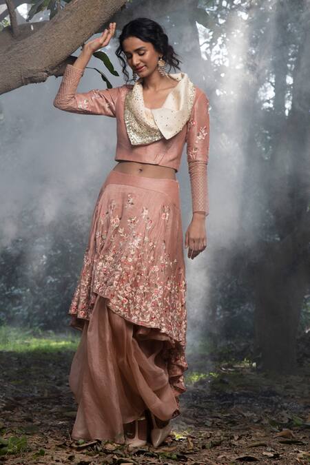 Incheetape_Peach Organza, Silk Linen, Modal Floral Motifs Embroidered Top And Lehenga Set _Online_at_Aza_Fashions