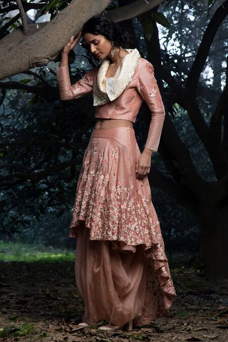 Buy_Incheetape_Peach Organza, Silk Linen, Modal Floral Motifs Embroidered Top And Lehenga Set _Online_at_Aza_Fashions