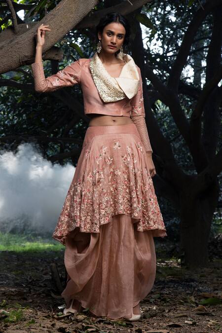 Shop_Incheetape_Peach Organza, Silk Linen, Modal Floral Motifs Embroidered Top And Lehenga Set _Online_at_Aza_Fashions