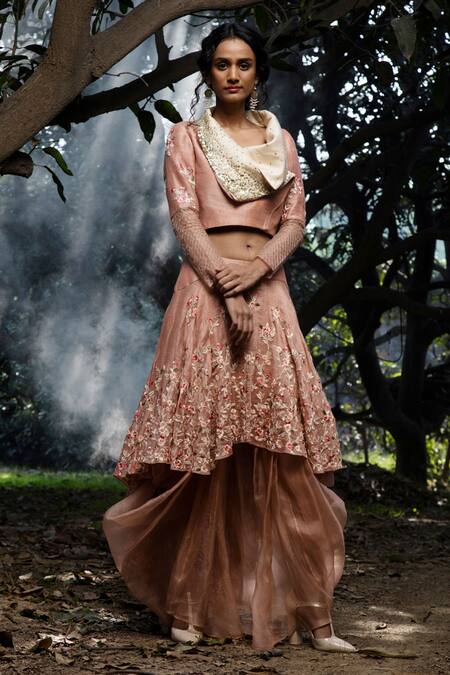 Incheetape_Peach Organza, Silk Linen, Modal Floral Motifs Embroidered Top And Lehenga Set _at_Aza_Fashions