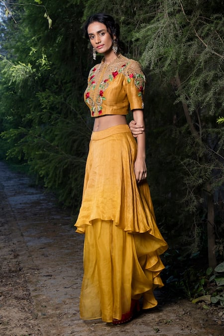 Incheetape Embroidered Top & Draped Lehenga Set 