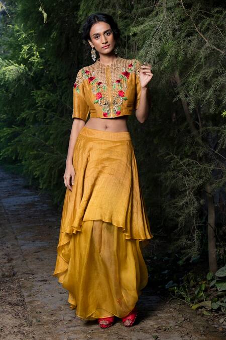 Incheetape_Yellow Organza, Silk Linen Floral Motifs Embroidered Top And Draped Lehenga Set _Online_at_Aza_Fashions
