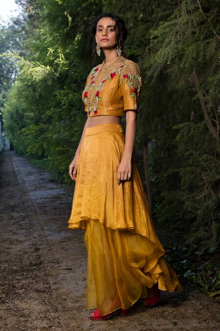 Buy_Incheetape_Yellow Organza, Silk Linen Floral Motifs Embroidered Top And Draped Lehenga Set _Online_at_Aza_Fashions