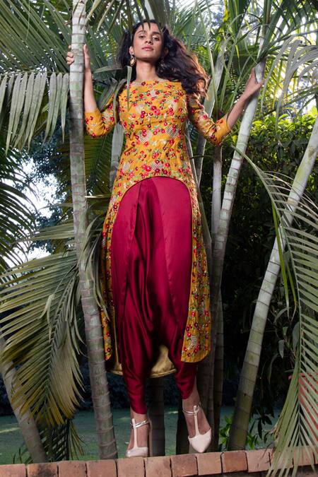 Incheetape_Yellow Silk Linen, Modal Floral Motifs Round Asymmetric Kurta And Dhoti Pant Set _Online_at_Aza_Fashions