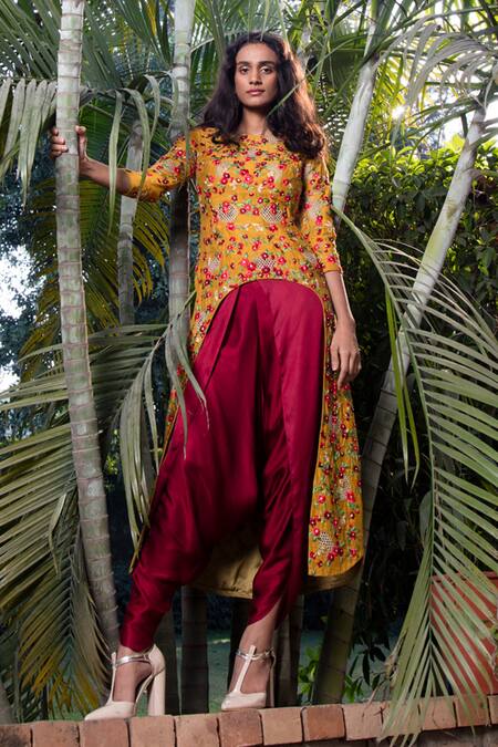 Buy_Incheetape_Yellow Silk Linen, Modal Floral Motifs Round Asymmetric Kurta And Dhoti Pant Set _Online_at_Aza_Fashions