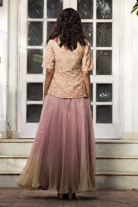 Shop_Incheetape_Beige Organza, Silk Linen, Modal Floral Motifs Embroidered Top And Lehenga Set _at_Aza_Fashions