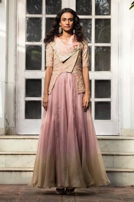 Incheetape_Beige Organza, Silk Linen, Modal Floral Motifs Embroidered Top And Lehenga Set _Online_at_Aza_Fashions