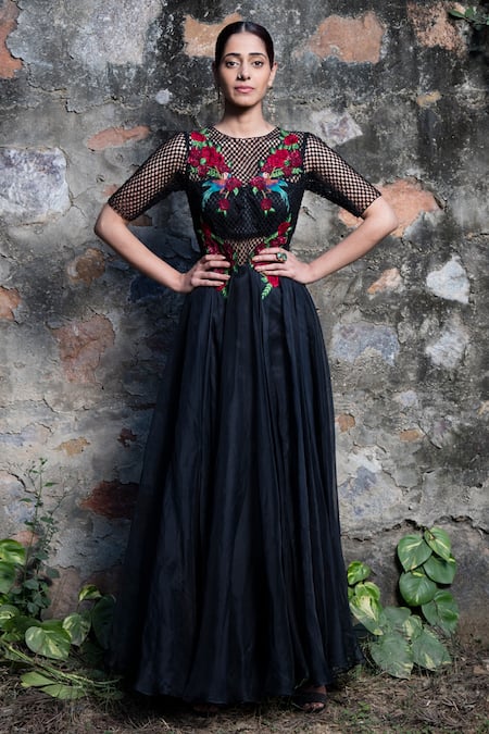 Stylish Black Velvet, Net and Brasso Partywear Gown