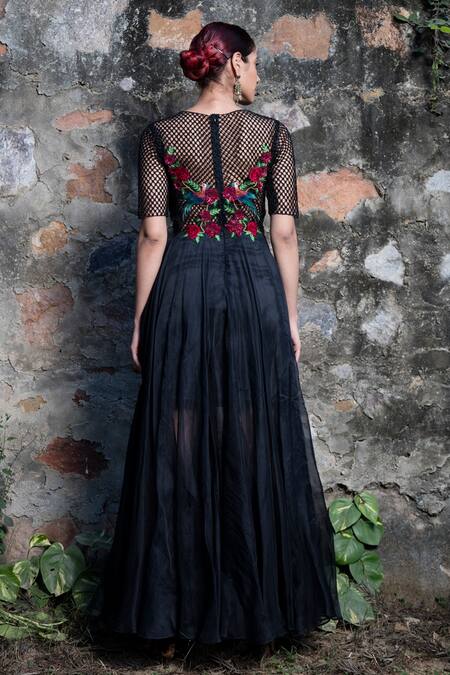 Shop_Incheetape_Black Organza, Silk Linen Floral Motifs Round Embroidered Gown _at_Aza_Fashions