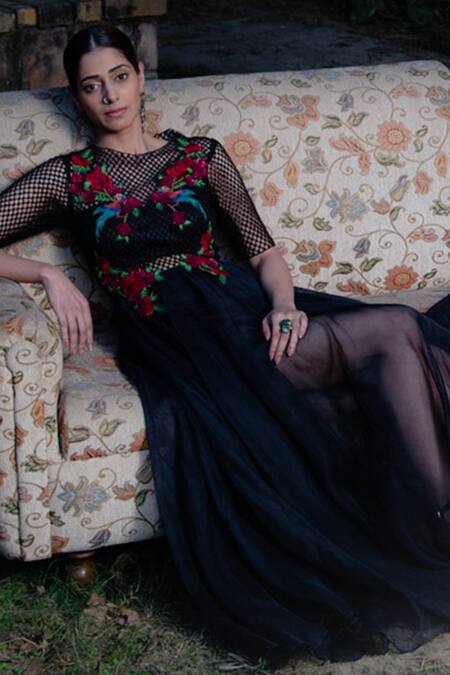 Incheetape_Black Organza, Silk Linen Floral Motifs Round Embroidered Gown _Online_at_Aza_Fashions