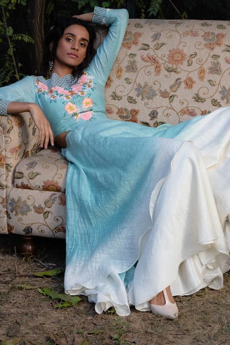 Incheetape_Blue Silk Cotton Floral Motifs Round Asymmetric Kurta And Palazzo Set _Online_at_Aza_Fashions