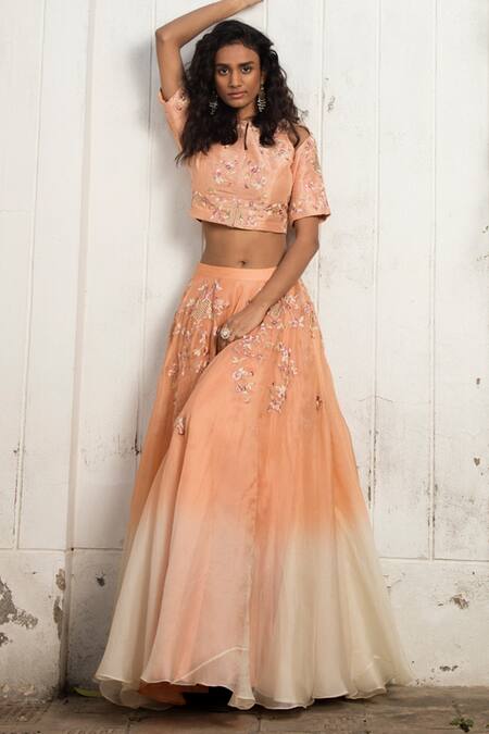 Buy_Incheetape_Orange Organza, Silk Linen Floral Motifs Embroidered Crop Top And Lehenga Set _Online_at_Aza_Fashions