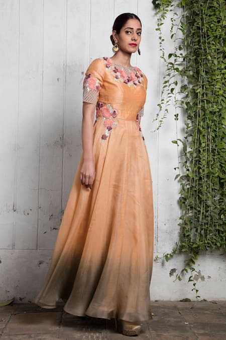 Incheetape_Black Organza, Silk Linen Floral Motifs Round Ombre Kurta And Pant Set _Online_at_Aza_Fashions