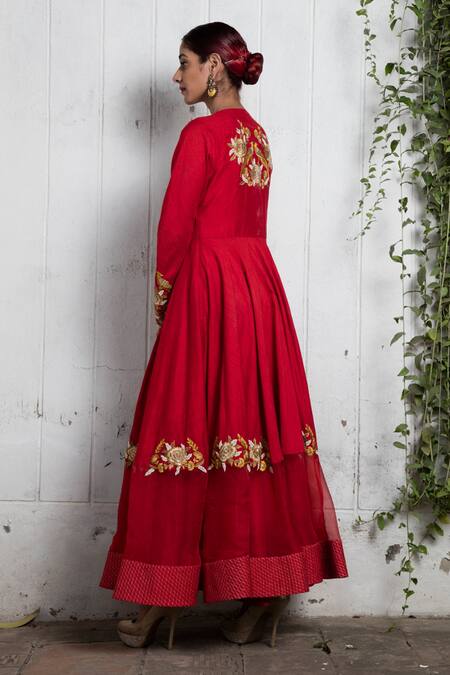 Buy_Incheetape_Red Organza, Silk Linen Floral Motifs Round Embroidered Anarkali And Pant Set _Online_at_Aza_Fashions