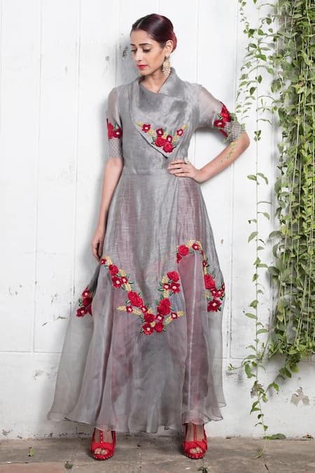 Shop_Incheetape_Grey Organza, Silk Linen Floral Motifs Collared Neck Asymmetric Tunic _at_Aza_Fashions
