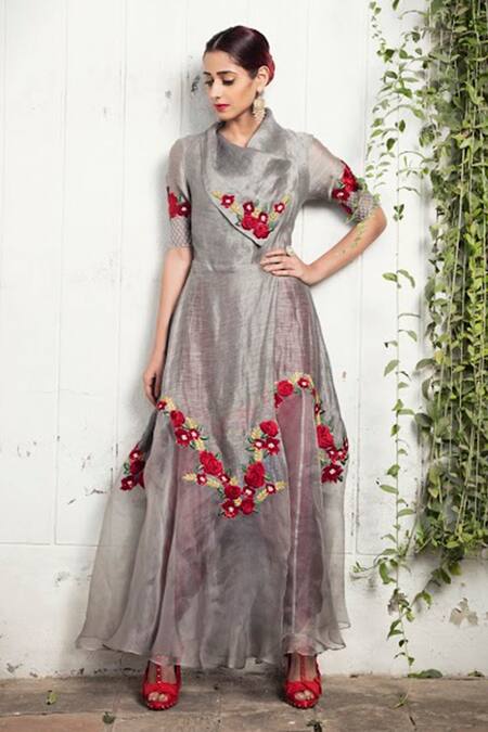 Incheetape_Grey Organza, Silk Linen Floral Motifs Collared Neck Asymmetric Tunic _Online_at_Aza_Fashions
