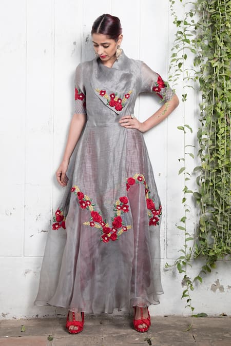 Buy_Incheetape_Grey Organza, Silk Linen Floral Motifs Collared Neck Asymmetric Tunic _Online_at_Aza_Fashions