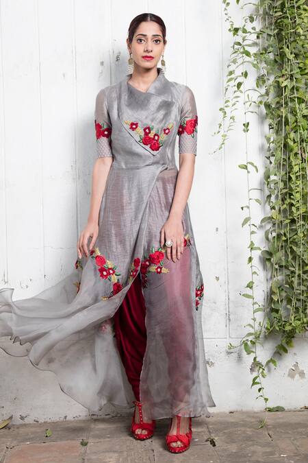 Shop_Incheetape_Grey Organza, Silk Linen Floral Motifs Collared Neck Asymmetric Tunic _Online_at_Aza_Fashions