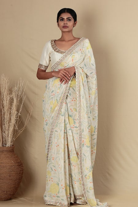 Blue Lotus Design Floral Print Saree With Blouse 