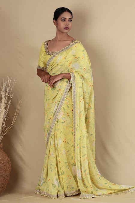 Blue Lotus Design Yellow Lining Shantoon Embroidered Floral Print Saree With Blouse 