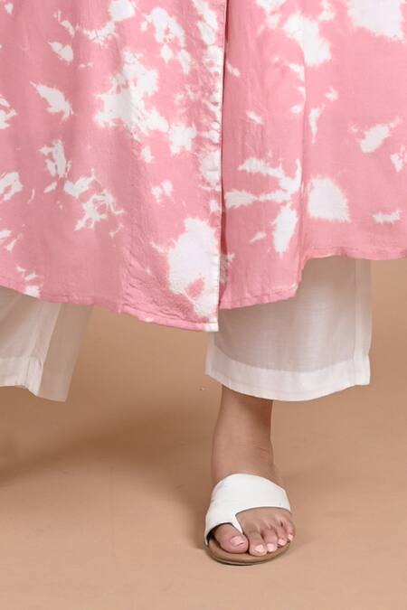 Shop_Chambray & Co._Pink , Crushed Shibori Dyeing V Neck Hazel Dye Kurta And Pant Set_Online_at_Aza_Fashions
