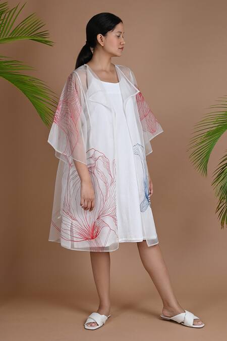 Chambray & Co._White Organza, Crushed Floral Motifs Dress Dior Embroidered With_Online_at_Aza_Fashions