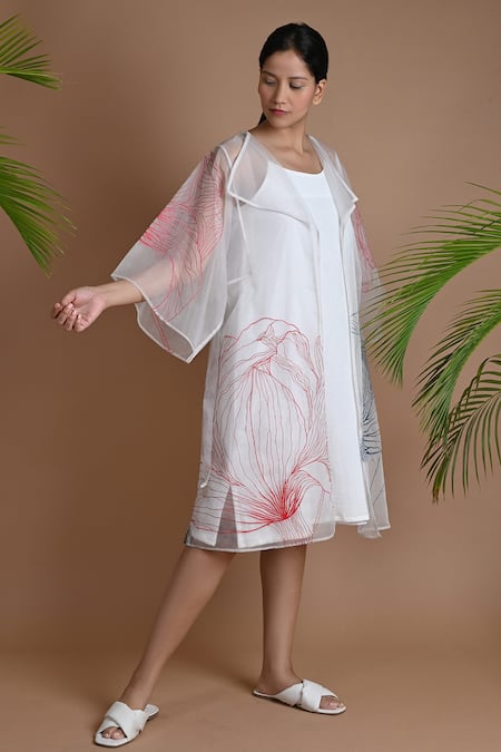 Shop_Chambray & Co._White Organza, Crushed Floral Motifs Dress Dior Embroidered With_Online_at_Aza_Fashions