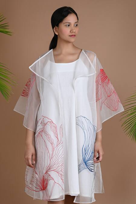 Chambray & Co._White Organza, Crushed Floral Motifs Dress Dior Embroidered With_at_Aza_Fashions