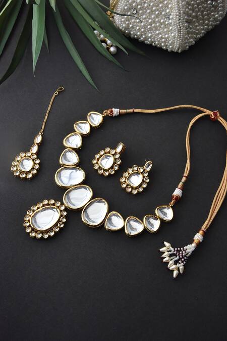 Buy_Swabhimann_Gold Plated Diamonds, Stones Floral Pendant Drop Necklace Set _Online_at_Aza_Fashions
