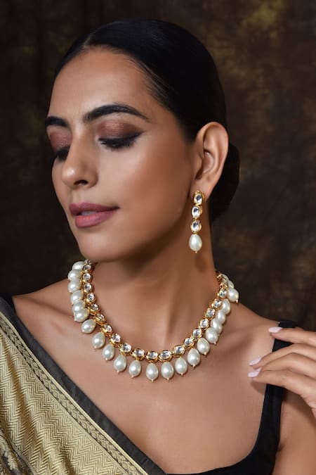 Swabhimann Gold Plated Diamonds, Stones Handcrafted Kundan Necklace Set Online at Aza Fashions Swabhimann_Gold Plated Diamonds, Stones Handcrafted Kundan Necklace Set _Online_at_Aza_Fashions