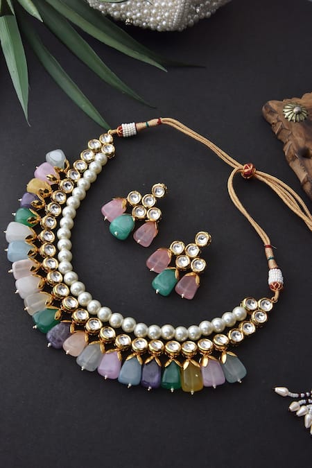 Swabhimann_Gold Plated Pearls Handcrafted Stone Drop Necklace Set _Online_at_Aza_Fashions