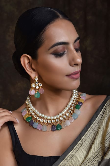 Buy Swabhimann Gold Plated Pearls Handcrafted Stone Drop Necklace Set Online at Aza Fashions Buy_Swabhimann_Gold Plated Pearls Handcrafted Stone Drop Necklace Set _Online_at_Aza_Fashions