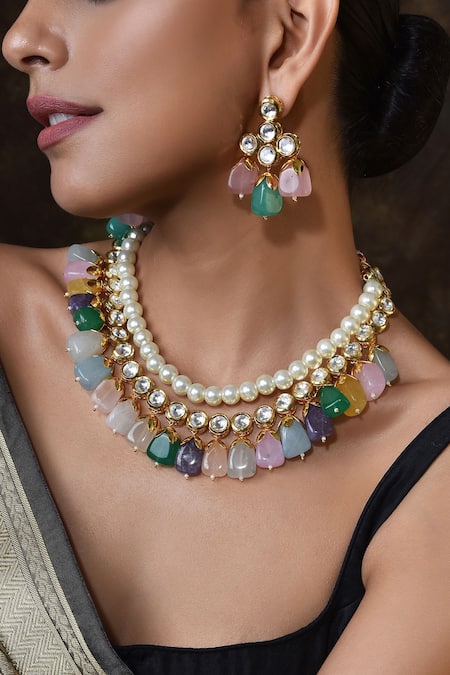 Shop Swabhimann Gold Plated Pearls Handcrafted Stone Drop Necklace Set Online at Aza Fashions Shop_Swabhimann_Gold Plated Pearls Handcrafted Stone Drop Necklace Set _Online_at_Aza_Fashions