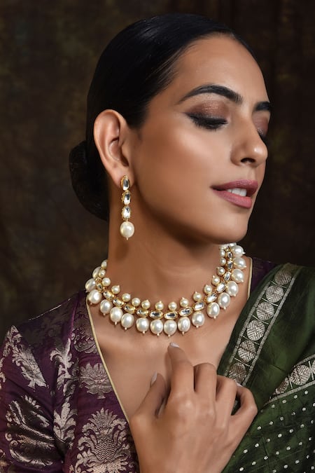 Swabhimann_Gold Plated Pearls, Diamonds Necklace Set _Online_at_Aza_Fashions