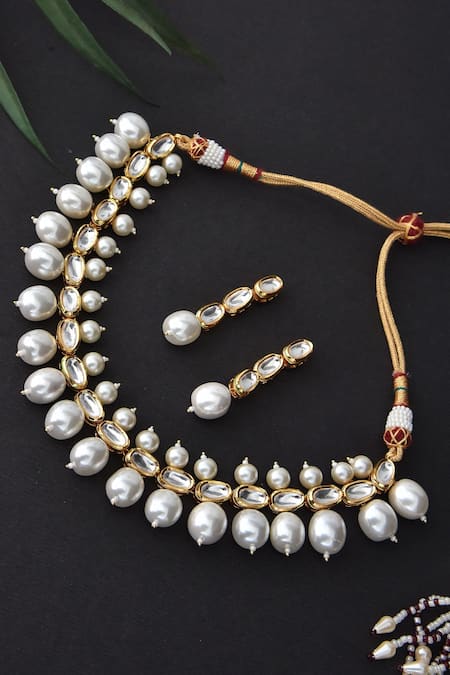 Buy_Swabhimann_Gold Plated Pearls, Diamonds Necklace Set _Online_at_Aza_Fashions