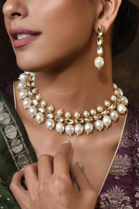 Shop_Swabhimann_Gold Plated Pearls, Diamonds Necklace Set _Online_at_Aza_Fashions