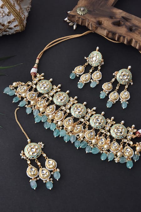 Buy_Swabhimann_Gold Plated Diamonds, Stones Geometric Kundan Studded Choker Set _Online_at_Aza_Fashions