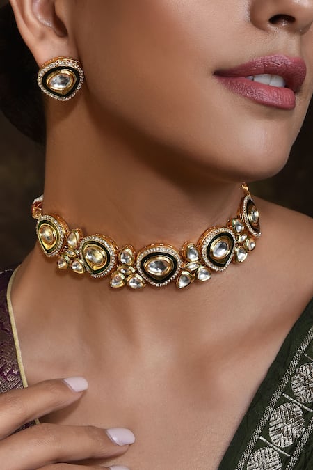 Buy Gold Plated Polki Choker Necklace Set by Swabhimann Jewellery