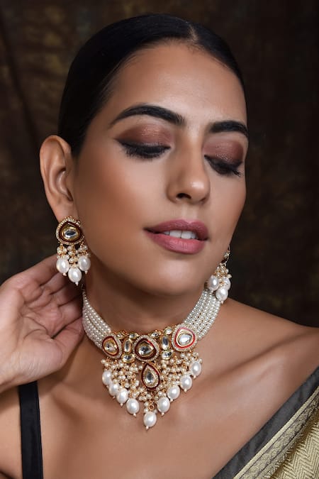 Swabhimann_Gold Plated Diamonds, Stones Layered Studded Choker Set _Online_at_Aza_Fashions