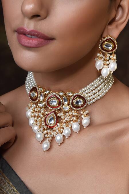 Shop_Swabhimann_Gold Plated Diamonds, Stones Layered Studded Choker Set _Online_at_Aza_Fashions