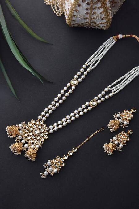 Buy_Swabhimann_Gold Plated Pearls Layered Kundan Long Necklace Set _Online_at_Aza_Fashions