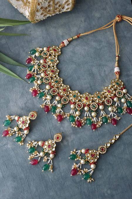 Buy_Swabhimann_Gold Plated Pearls Floral Kundan Studded Choker Set _Online_at_Aza_Fashions