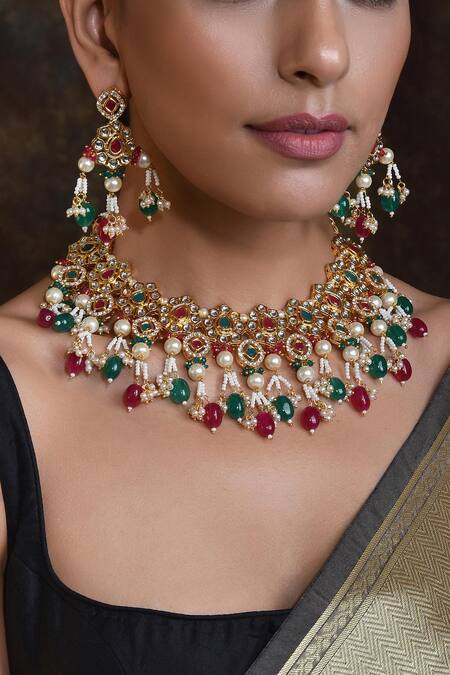 Shop Swabhimann Gold Plated Pearls Floral Kundan Studded Choker Set Online at Aza Fashions Shop_Swabhimann_Gold Plated Pearls Floral Kundan Studded Choker Set _Online_at_Aza_Fashions