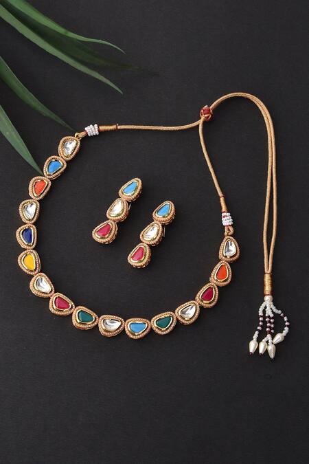 Buy_Swabhimann_Gold Plated Stones, Diamonds Encrusted Necklace Set _Online_at_Aza_Fashions