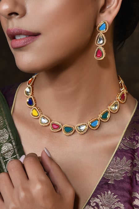 Shop_Swabhimann_Gold Plated Stones, Diamonds Encrusted Necklace Set _Online_at_Aza_Fashions