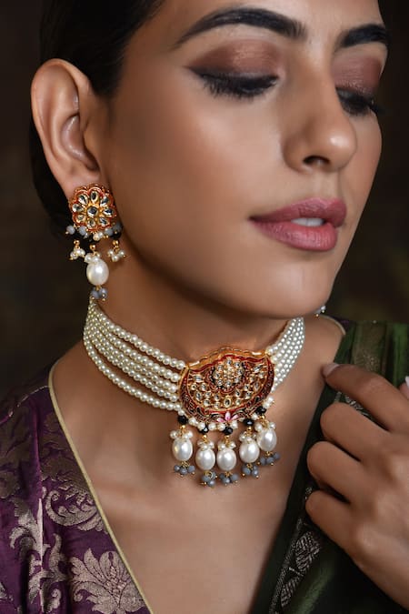 Swabhimann_Gold Plated Pearls, Gota Patti Kundan Floral Choker Set _Online_at_Aza_Fashions